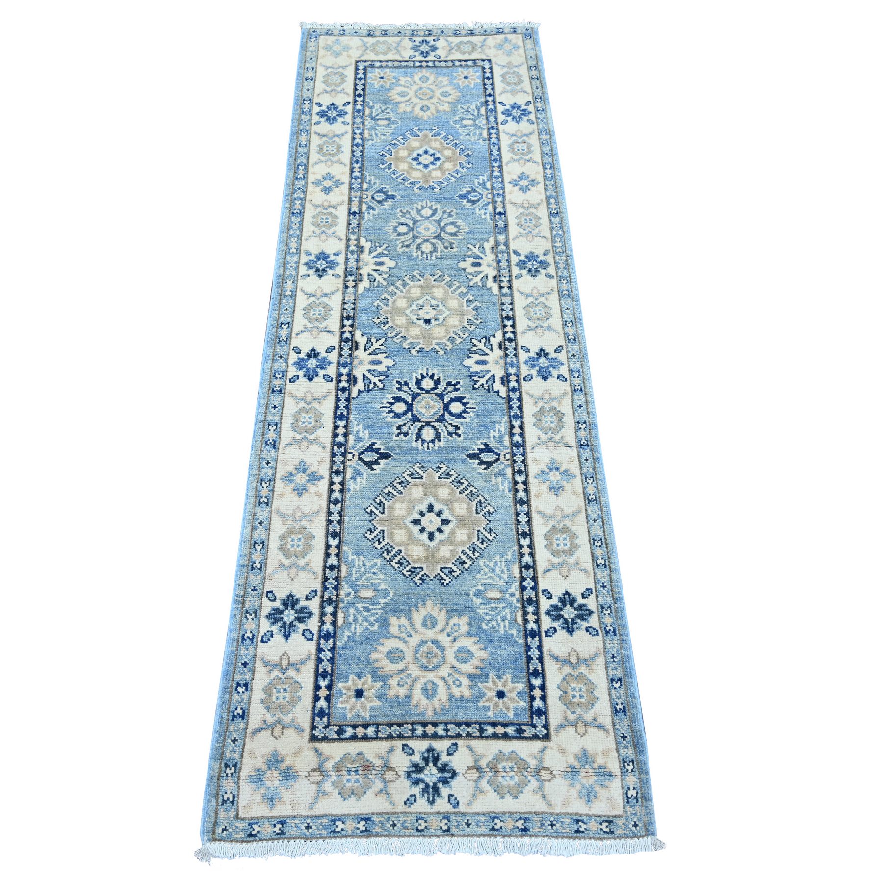 2'x6'1" Maya Blue, Vintage Look Kazak with Tribal Medallions, Hand Knotted, 100% Wool, Natural Dyes, Narrow Runner, Oriental Rug 